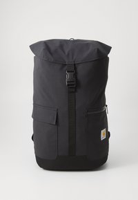 Black, durable fabric backpack with a roll-top design, adjustable strap, side pockets, a zippered compartment, and a logo patch.