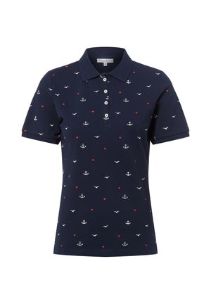 Navy blue polo shirt with short sleeves, white anchors, seagulls, and small red hearts pattern, and four white buttons on the placket.