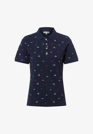 Navy blue polo shirt with short sleeves, white anchors, seagulls, and small red hearts pattern, and four white buttons on the placket.