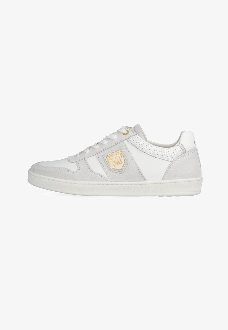 White sneakers with suede and leather materials, featuring a perforated design, lace closure, gold accents, and a logo patch.