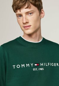 Sweatshirt vert avec col rond, présentant le texte et le logo "TOMMY HILFIGER" brodés en blanc. Le tissu est lisse avec une coupe décontractée.