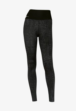 Schwarze Leggings mit strukturiertem, reptilienähnlichem Muster in Dunkelgrau. Hoher Bund für zusätzlichen Halt, geeignet für Sportbekleidung.