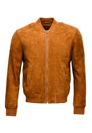 Beige Wildleder-Bomberjacke mit einem vorderen Reißverschluss, gerippten Bündchen und Seitentaschen. Weiche Textur und einfaches Design ohne Verzierungen.