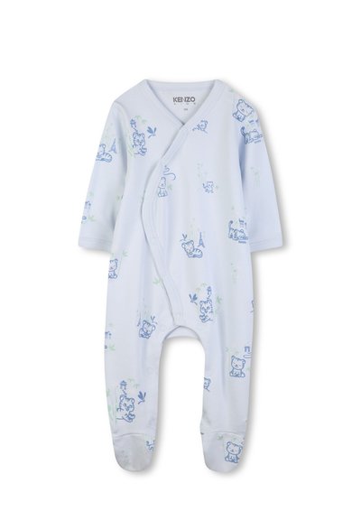 Body bébé bleu clair à manches longues et pieds couverts, décoré de petites illustrations de tigres bleus et de plantes, avec des boutons pression à l'avant.