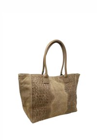 Borsa a spalla in suede tan con dettaglio in stampa cocco, doppi manici in pelle e forma strutturata. Presenta dettagli sugli attacchi dei manici.