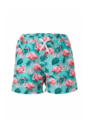 Turkise badeshorts med pink flamingo- og grøn tropisk bladprint, elastisk talje og hvid snor.