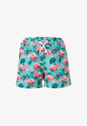 Turquoise swim shorts with pink flamingo and green tropical leaf print, elastic waistband, and white drawstring.