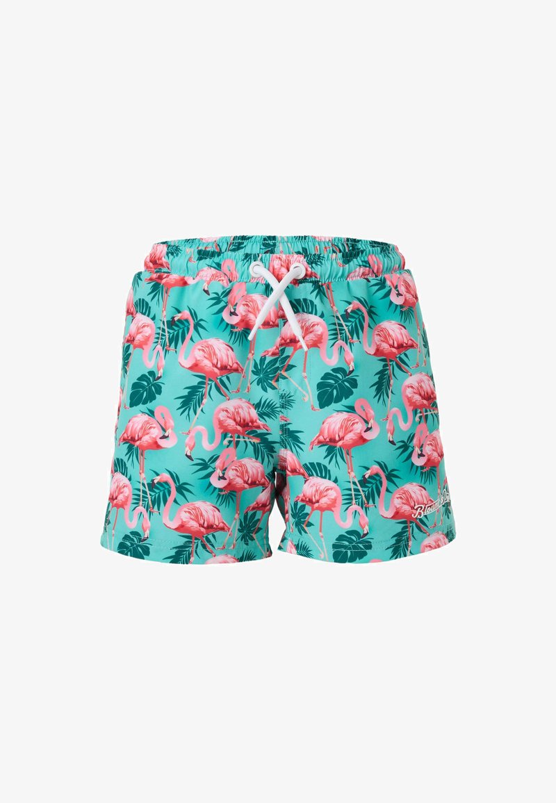 Shorts de bain turquoise avec imprimé flamants roses et feuilles tropicales vertes, taille élastique et cordon blanc.