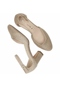 Gouden glitter hoge hakken met een ronde neus, enkelbandje en blokhak. Zachte binnenvoering en zichtbare merknaam op de inlegzool.