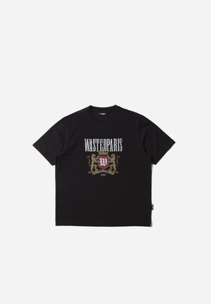 Black cotton t-shirt featuring a central graphic with "WASTEDPARIS" text and a shield design, accented with gold and red colors. Classic fit.