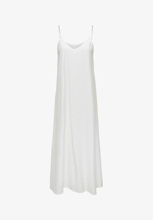 Valge varrukateta maksikleit õhukeste reguleeritavate rihmadega ja peene V-kaelusega, rippumas ühevärvilisel valgel taustal.