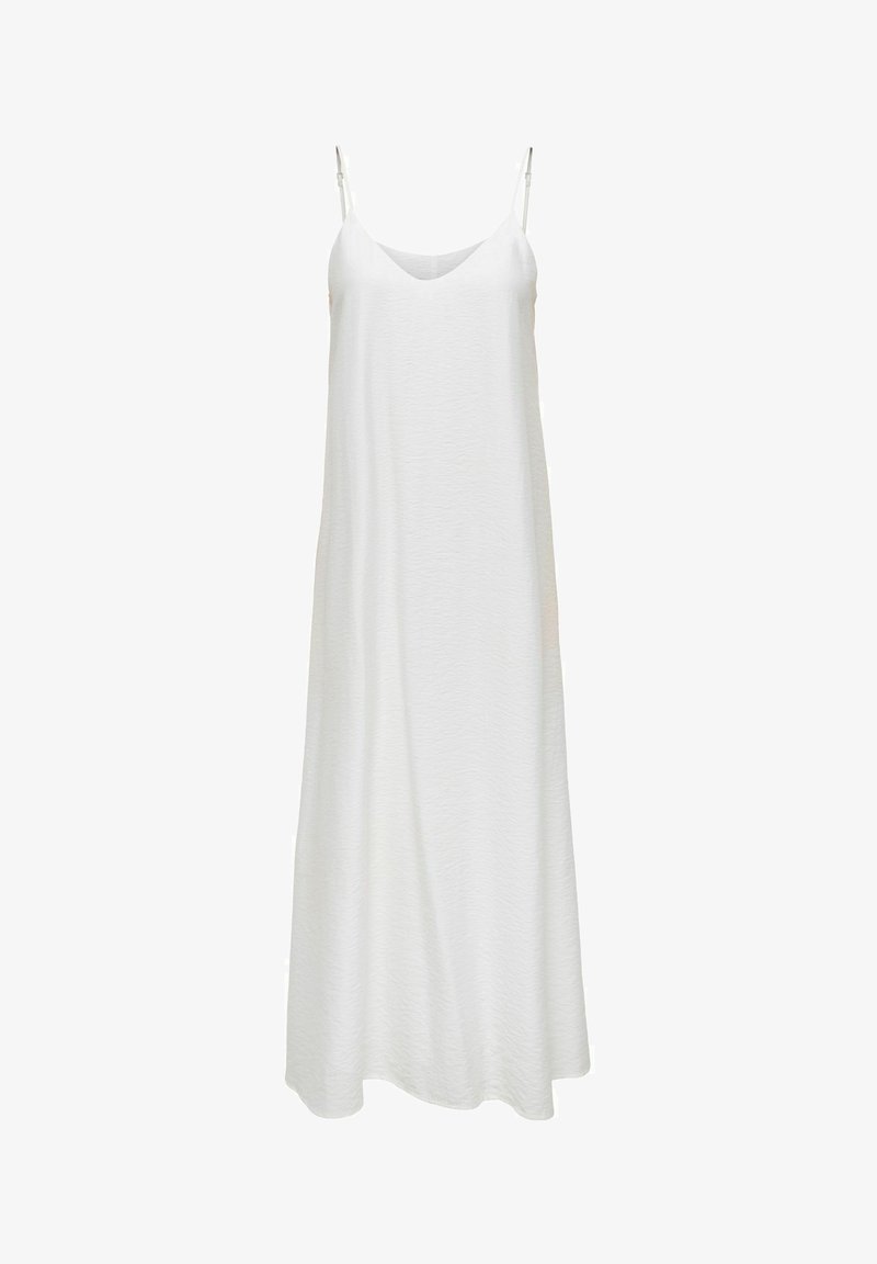 Robe maxi blanche sans manches avec fines bretelles ajustables et un décolleté en V subtil, suspendue sur un fond blanc uni.