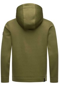 Olive green hoodie with ribbed texture, a matching hood, long sleeves, and a black accent at the lower left hem. Simple, functional design.