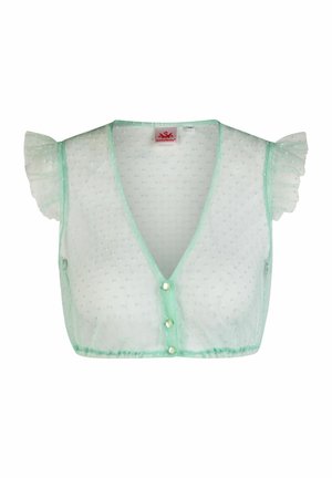 Blouse courte en vert menthe transparent avec texture à pois, manches courtes à volants, col en V et boutons nacrés sur le devant.