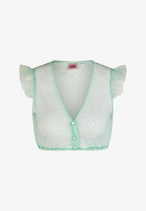 Blouse courte en vert menthe transparent avec texture à pois, manches courtes à volants, col en V et boutons nacrés sur le devant.