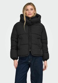 Sort dunjakke med høj krave, quiltet design og elastiske ærmegab. Har to forlommer og en kort pasform.