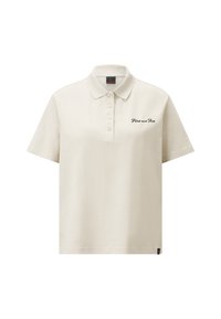 Polo beige en coton, avec un col et cinq boutons. Le côté gauche de la poitrine est brodé en noir avec l'inscription « Fire and Ice ». Manches courtes.