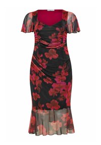 Robe noire à fleurs avec des motifs de fleurs rouges et roses, design froncé, manches courtes bouffantes et ourlet évasé. Tissu lisse et léger.