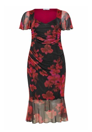 Vestido negro con estampado de flores rojas y rosas, diseño fruncido, mangas cortas con vuelo y un dobladillo acampanado. Tejido suave y ligero.