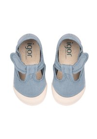 Zapatillas de lona azules con puntera redonda, suela de goma blanca y cierre de botón. El interior cuenta con una plantilla texturizada con marca.