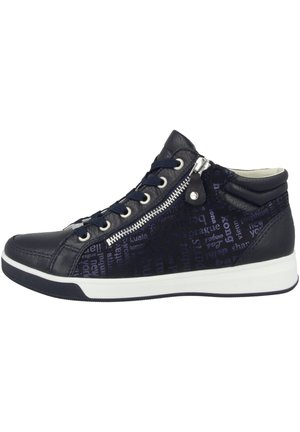 High-top sneaker in dark blue leather with white sole. Features a zipper accent, lace-up front, and text pattern on the side.