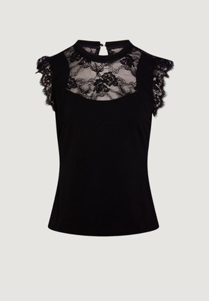 Top nero con pannello in pizzo a motivi floreali, maniche arruffate, collo alto e apertura posteriore a occhiello. Tessuto dalla texture liscia.