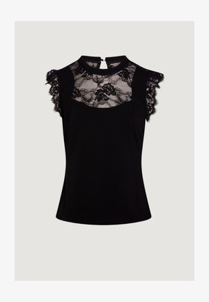 Top nero con pannello in pizzo a motivi floreali, maniche arruffate, collo alto e apertura posteriore a occhiello. Tessuto dalla texture liscia.