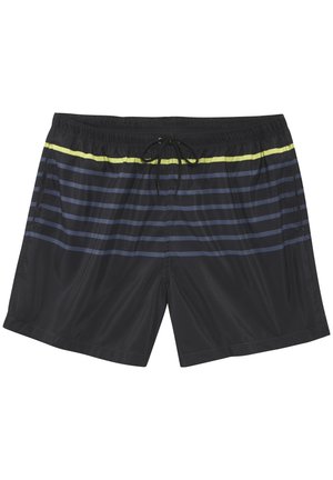 Black swim shorts with horizontal blue and yellow stripes and adjustable front drawstring waistband.