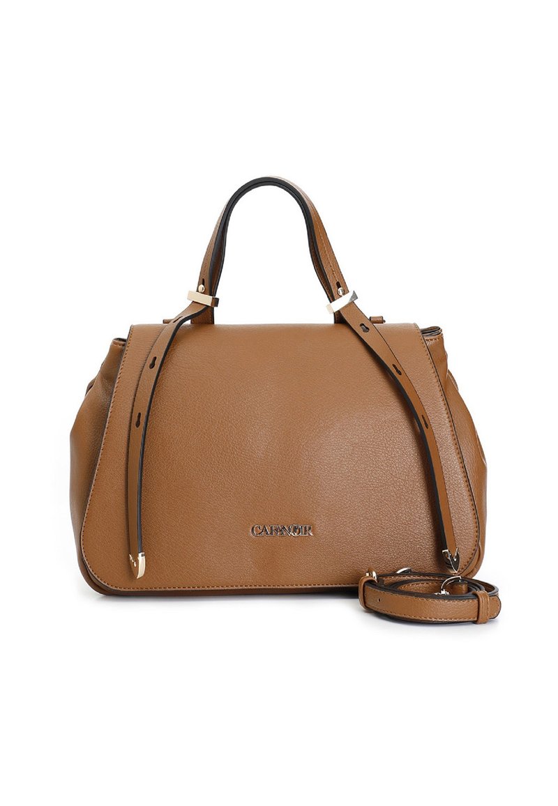 Hnědá kožená kabelka se zlatými kovovými akcenty, dvojitými horními držadly a nastavitelním ramenním popruhem. Hladká textura a strukturovaný design.