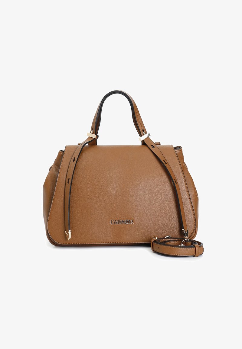 Hnědá kožená kabelka se zlatými kovovými akcenty, dvojitými horními držadly a nastavitelním ramenním popruhem. Hladká textura a strukturovaný design.