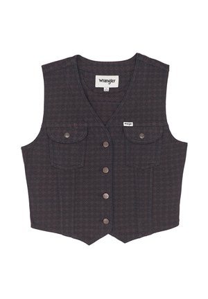 Gilet Wrangler senza maniche con motivo scuro, scollatura a V, bottoni frontali, due tasche sul petto con patta e targhette con il logo Wrangler.
