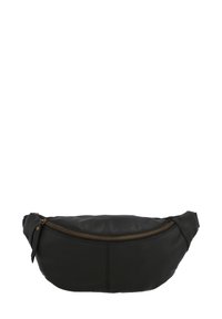 Black leather fanny pack with a curved design, gold zipper, and a side strap. Smooth texture with contrasting stitching detail.