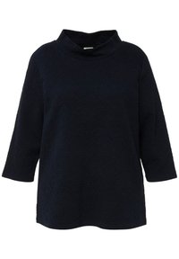 Pullover scuro navy con collare alto, maniche a tre quarti, motivo floreale testurizzato e vestibilità ampia. Tessuto liscio con una finitura elegante.