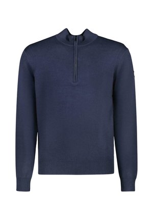 Donkerblauwe trui met een hoge kraag en een kwart-ritssluiting. Heeft geribde manchetten en zoom. Glad textuur met een effen kleur.