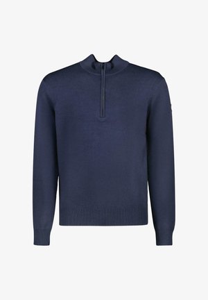 Donkerblauwe trui met een hoge kraag en een kwart-ritssluiting. Heeft geribde manchetten en zoom. Glad textuur met een effen kleur.