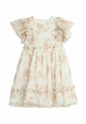 Robe pour filles blanches avec un motif floral pêche doux, manches courtes à volants et jupe froncée avec des détails à volants.