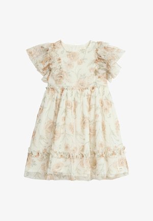 Weißes Mädchenkleid mit sanftem Pfirsich-Blumenmuster, gerafften kurzen Ärmeln und einem gesammelten Rock mit Rüschendetails.