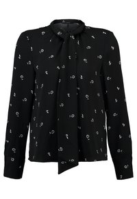 Blouse noire à manches longues avec un col noué, ornée d'un imprimé floral blanc et de motifs de feuilles sur toute la surface, en tissu léger.