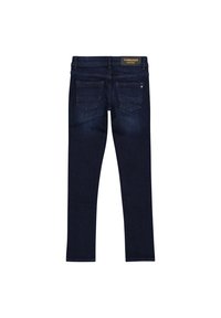 Dunkelblaue Jeans im Skinny-Stil aus Denim mit glatter Textur, Fünf-Taschen-Design und Markenlabel am Bund. Die Gesäßtaschen sind schräg angebracht.