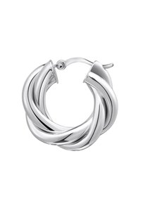 Orecchini a cerchio in argento con design intrecciato, caratterizzati da superfici lisce e lucidate e un meccanismo di chiusura sicuro.