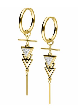 Gold hoop earrings with dangling geometric triangle shapes and clear triangular stones, featuring a horizontal bar and vertical gold rods.