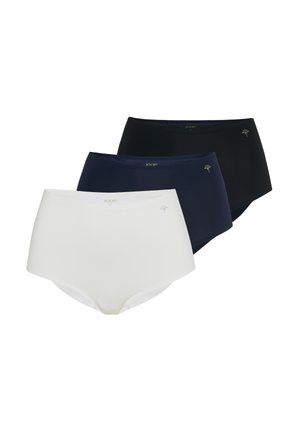 Tre kvinders højtaljede trusser i hvid, navy og sort, hver med en lille præget brandlogo nær linningen.