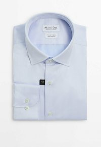 Light blue slim-fit shirt made of textured fabric, featuring a classic collar, button front, and a single button cuff with tag.