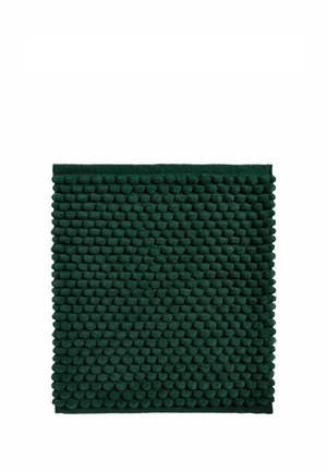 Zerbino da bagno quadrato verde scuro con anelli densi, morbidi, rotondi e strutturati che ne coprono la superficie.