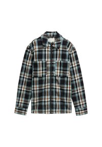 Kariertes Flanelljackett mit einem Muster aus Schwarz, Teal und Orange. Verfügt über zwei Vordertaschen, einen spitzen Kragen und einen Reißverschluss. Weiche Textur.