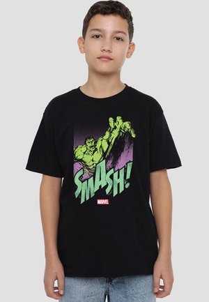 Schwarzes T-Shirt mit einem grafischen Druck eines grünen Figures und dem Wort "SMASH!" in fetter Schrift. Glattes Baumwollmaterial, kurze Ärmel, lockere Passform.