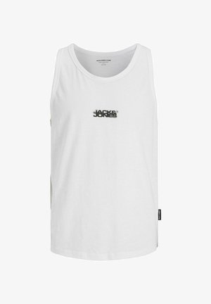 Weißes Baumwoll-Top mit schwarzem Grafiklogo, das auf der Brust zentriert ist. Rundhalsausschnitt, ärmelloses Design und eine reguläre Passform.