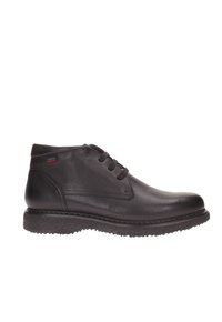 Bottines en cuir noir avec une finition lisse, à lacets, et semelle en caoutchouc texturé. Équipées d'un col rembourré et d'un discret détail de couture.