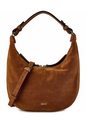 Borsa a spalla marrone in camoscio a forma di mezzaluna con tracolla regolabile e piccolo logo "abro" in argento sulla parte anteriore.