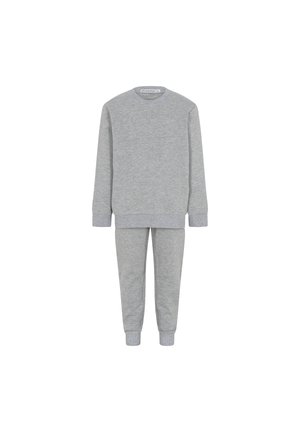 Grauer Sweatshirt- und Jogginganzug. Aus weichem Baumwollmaterial, mit langen Ärmeln, gerippten Bündchen und einem elastischen Bund. Einfaches Design, ohne Muster oder Akzente.